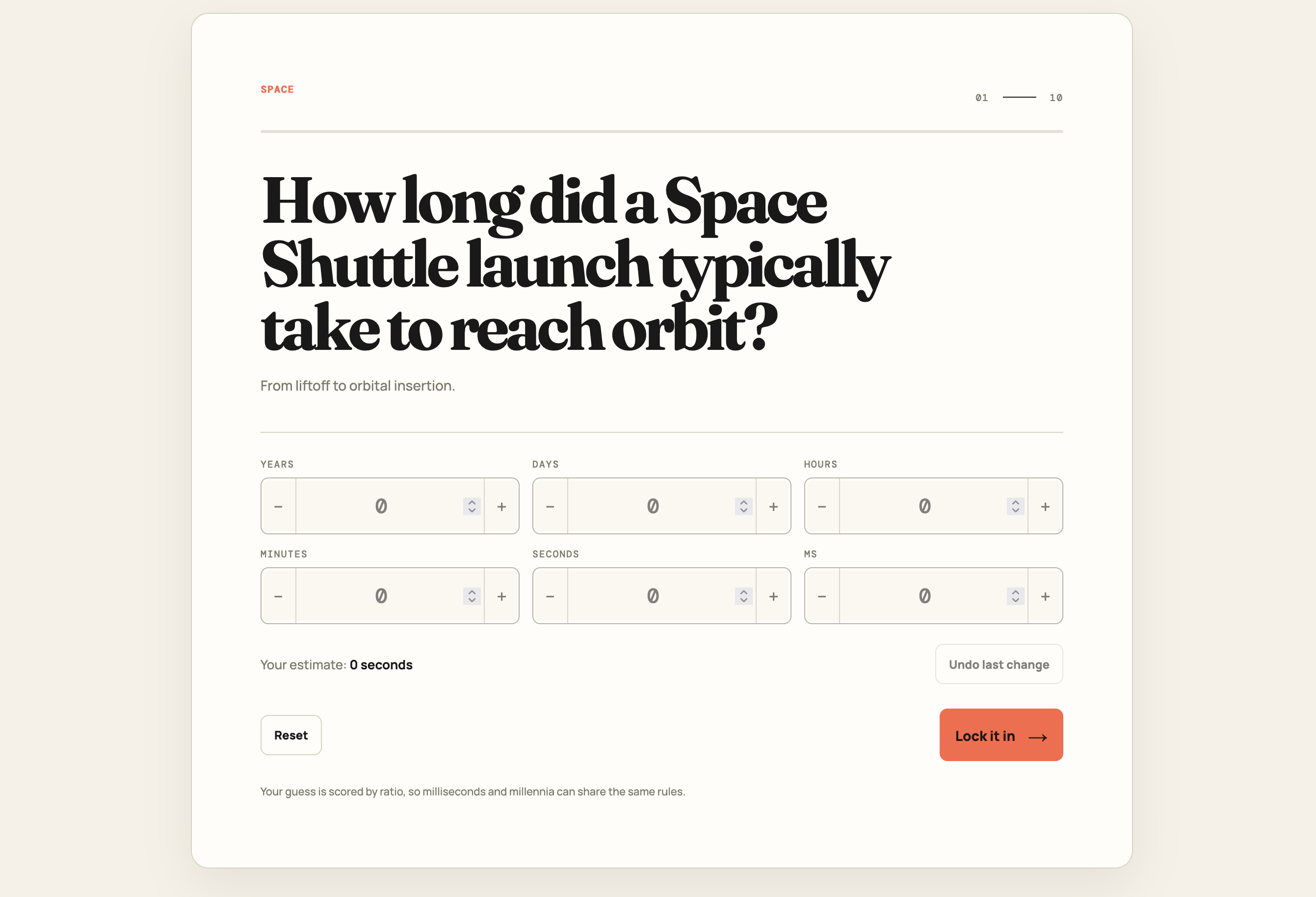 HowLong asking how long a Space Shuttle launch took to reach orbit, with controls for a duration estimate.