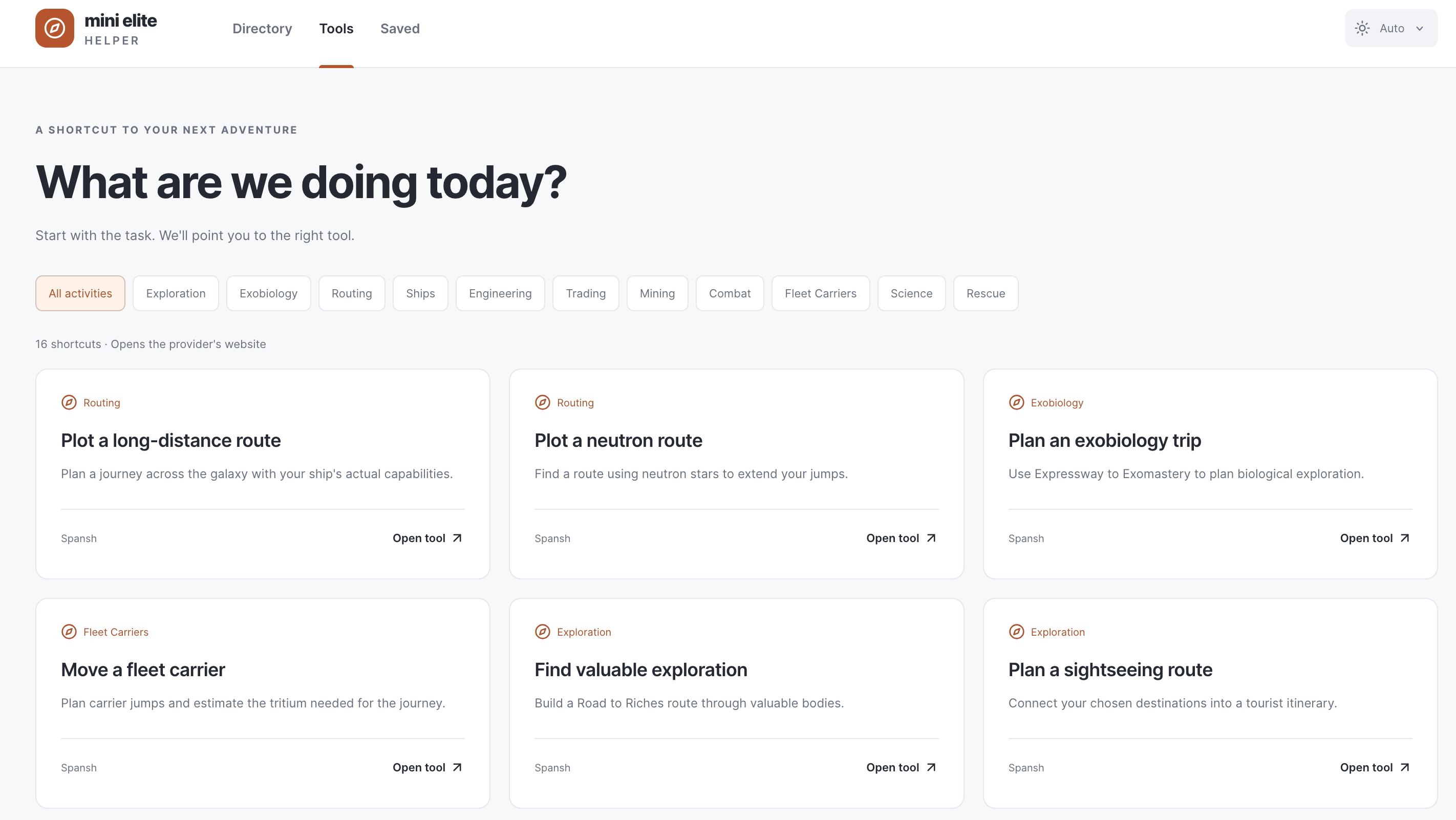 MinEDHelper’s Tools page with shortcuts grouped by activities in Elite Dangerous.