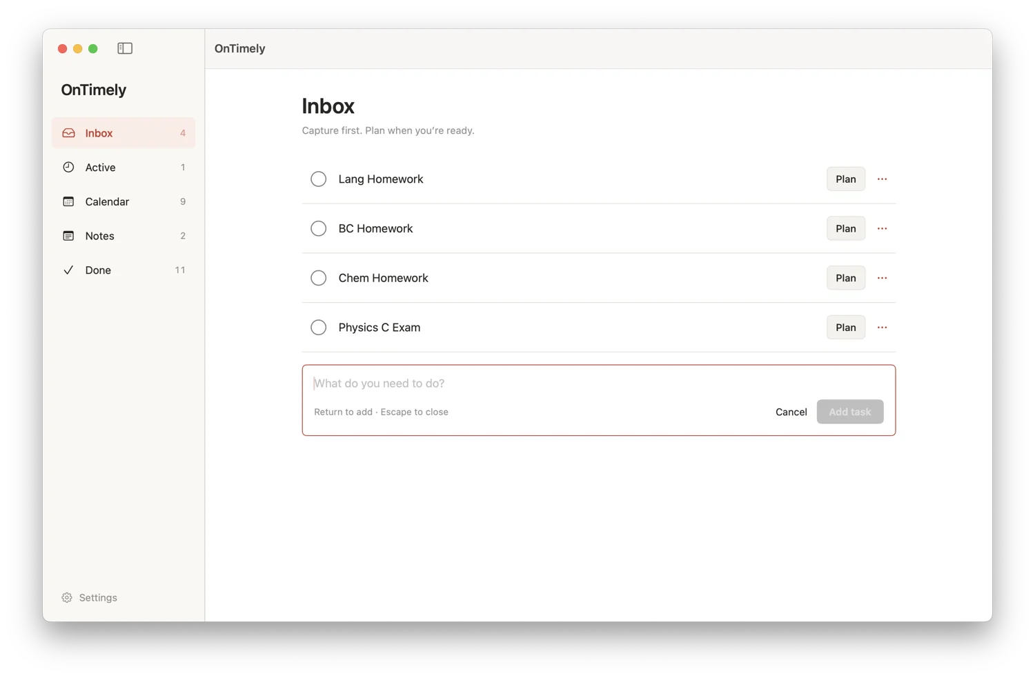 OnTimely’s Inbox, with tasks and a Plan action beside each one.